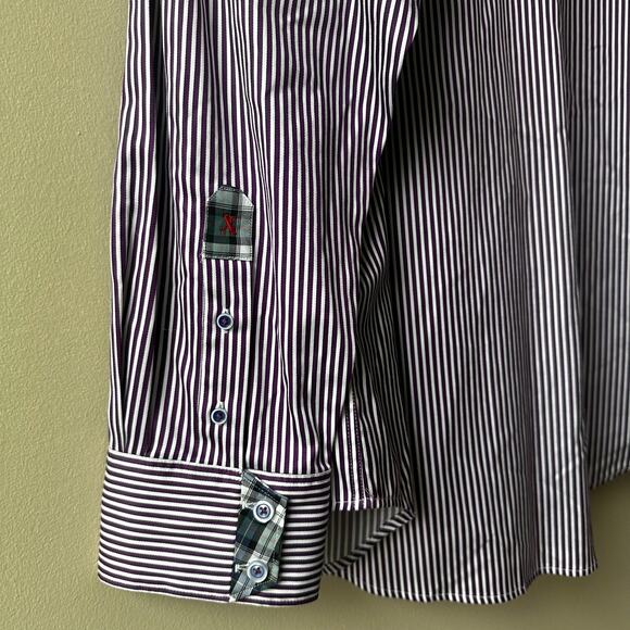Robert Graham X Striped Button Down Flip Cuff Dress Shirt Cotton Purple Mens 3XL - Picture 5 of 16